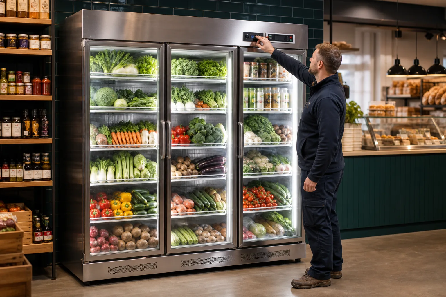 Engineer checking a commercial refrigerated display cabinet