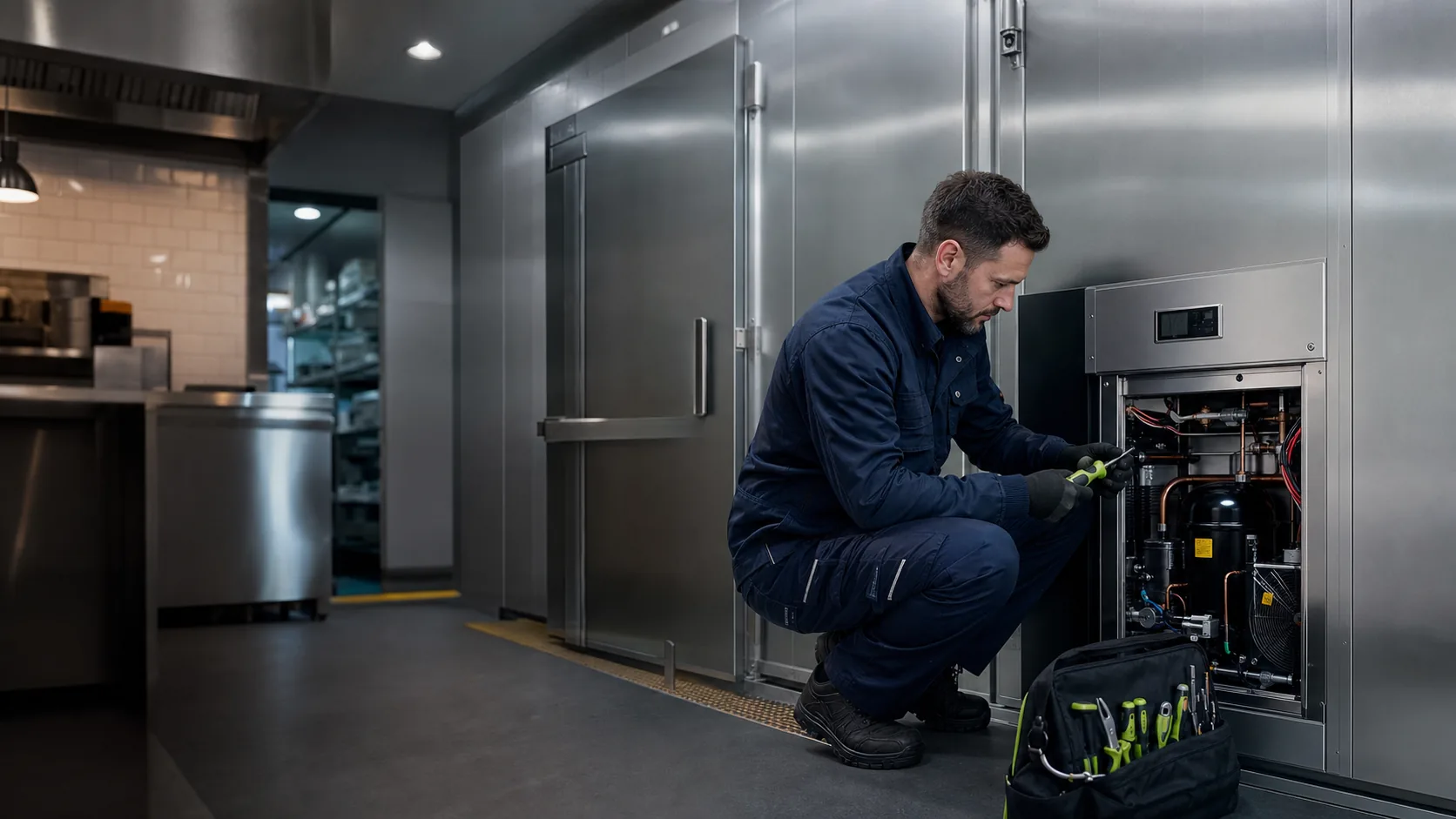 Commercial refrigeration engineer servicing a walk-in cold room