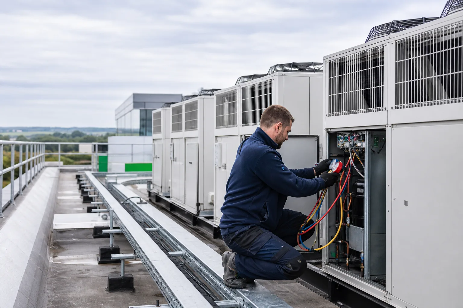 Engineer maintaining commercial refrigeration plant